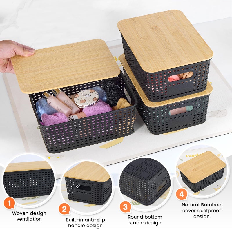 Ohmlove Plastic Storage Baskets With Bamboo Lid - Plastic Storage Containers Stackable Storage bins: Storage Baskets for Organizing Shelves Drawers Desktop Closet Playroom Classroom Office  6 Pack - Image 3
